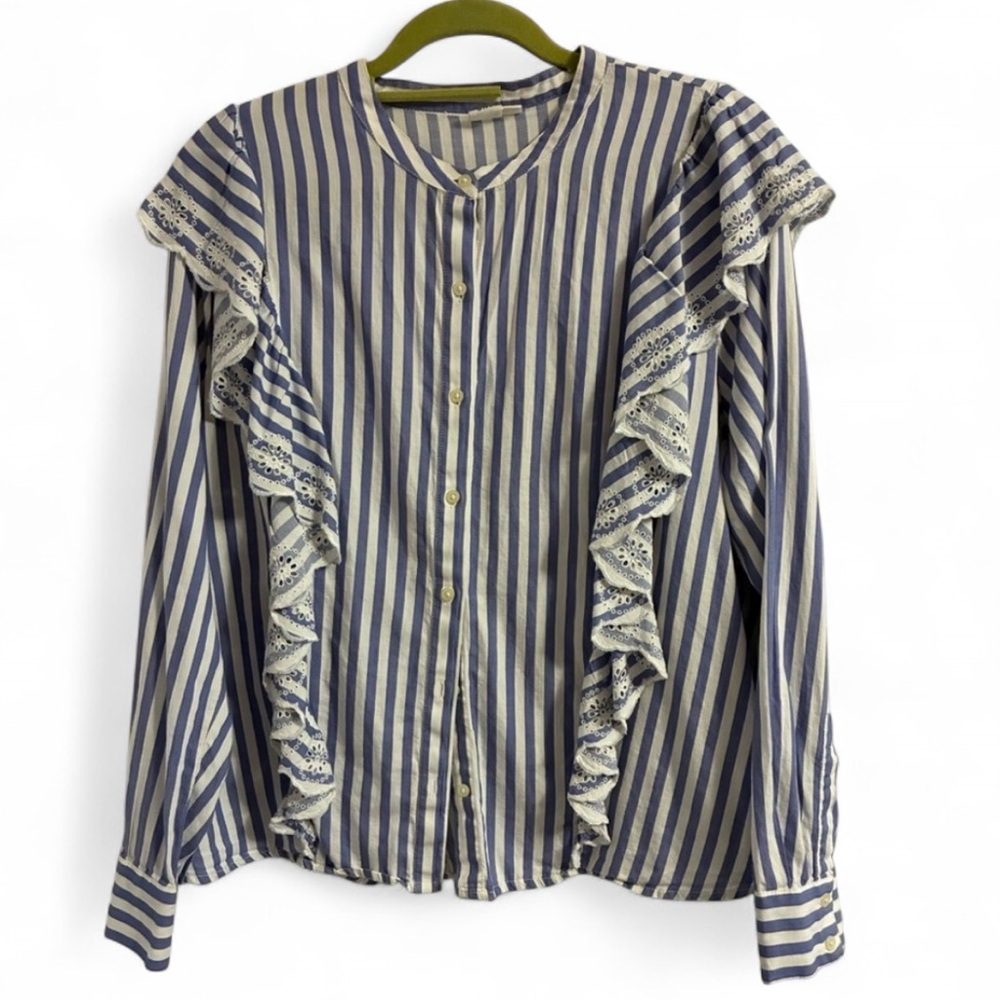 GAP Blue White Striped Button-Front Cotton Blouse with Ruffles Embroidered XL
